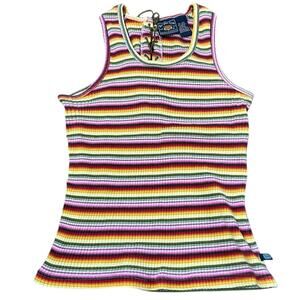 Y2K Route 66 Lace Up Boho Tank Womens XL Striped Multi Colored Skater Streetwear